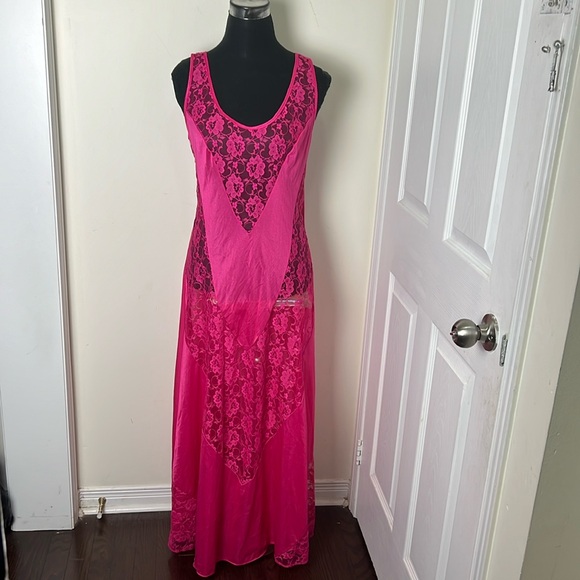 Vintage 80’s Y2K Pink Nylon Glam Rock Lace Nightgown Lingerie Size Medium - Picture 10 of 16